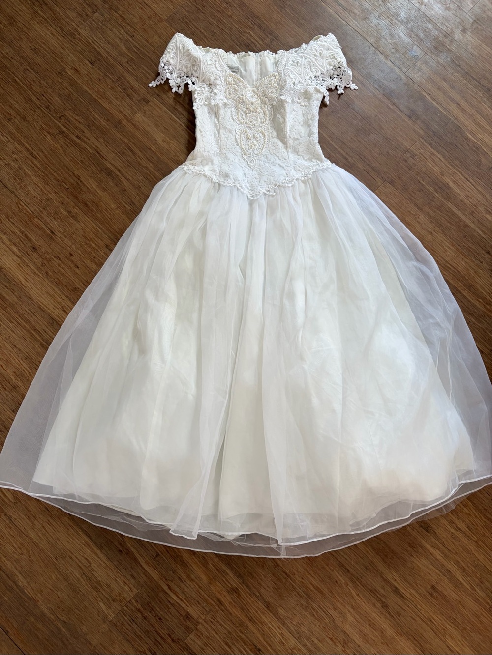 VTG Jessica McClintock Wedding Dress Sz 14 Off Shoulder Lace Tulle Gown Romantic